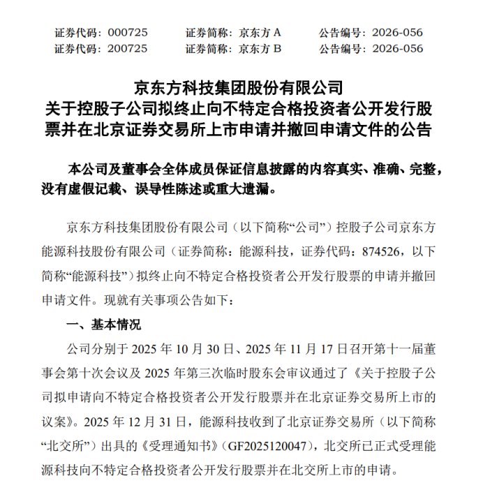 年内第18家撤单！京东方子公司终止北交所IPO申请